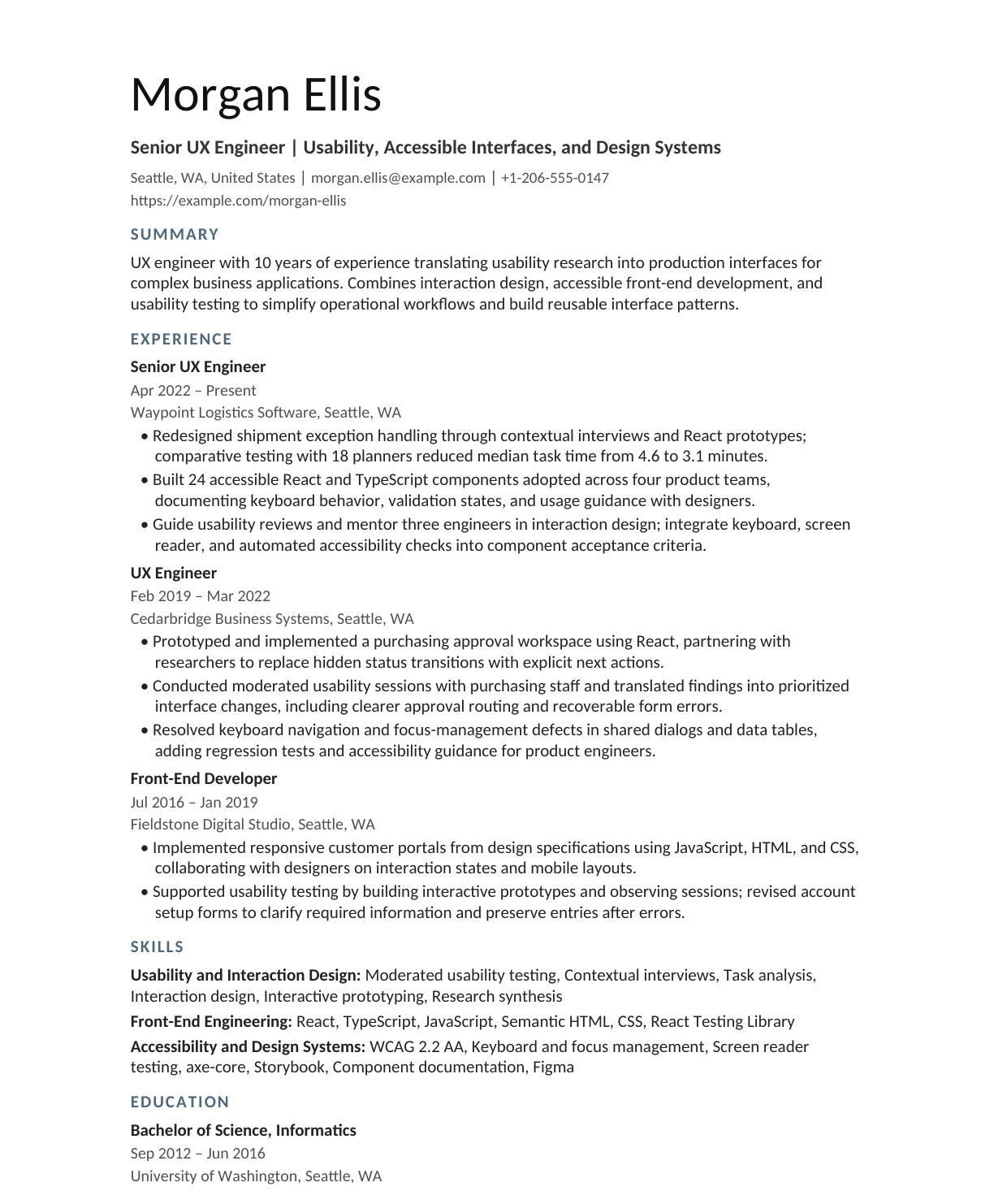 Senior UX Engineer resume example
