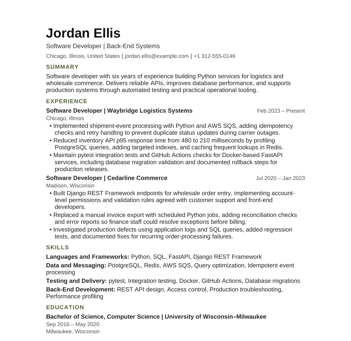 Software Developer — Back-End Systems resume example