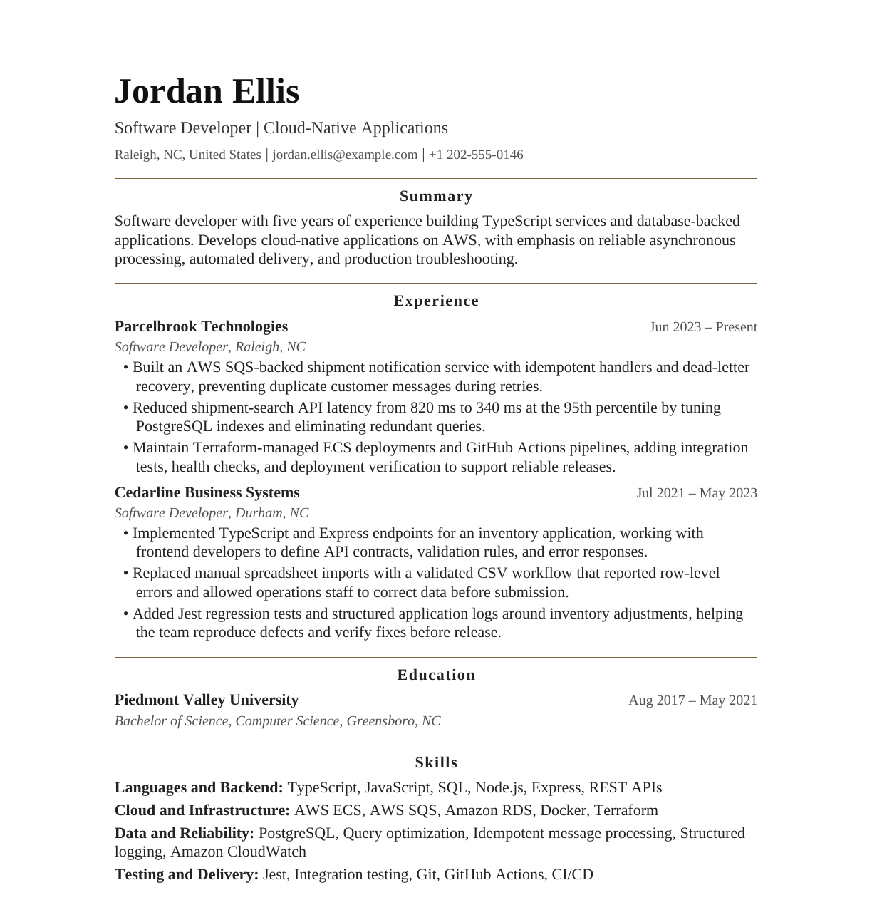 Software Developer — Cloud-Native Applications resume example