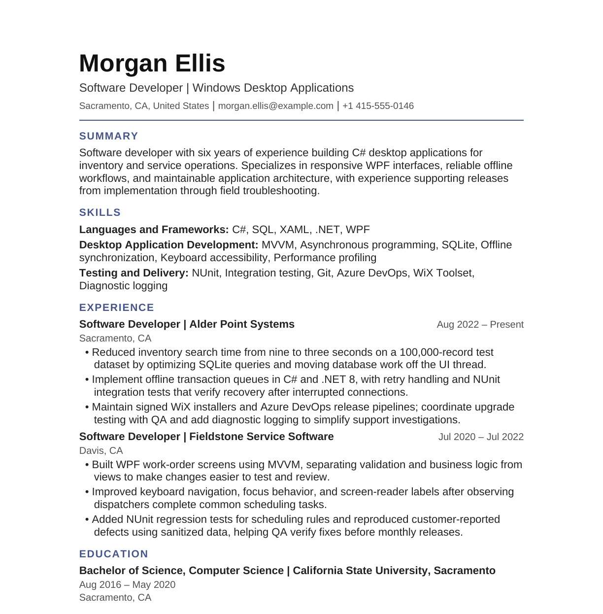 Software Developer — Desktop Applications resume example