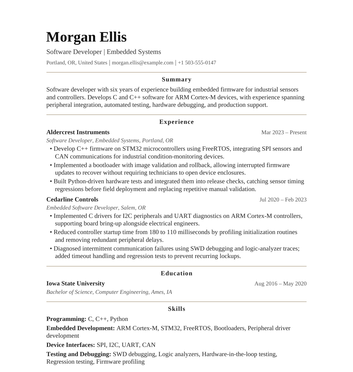 Software Developer — Embedded Systems resume example