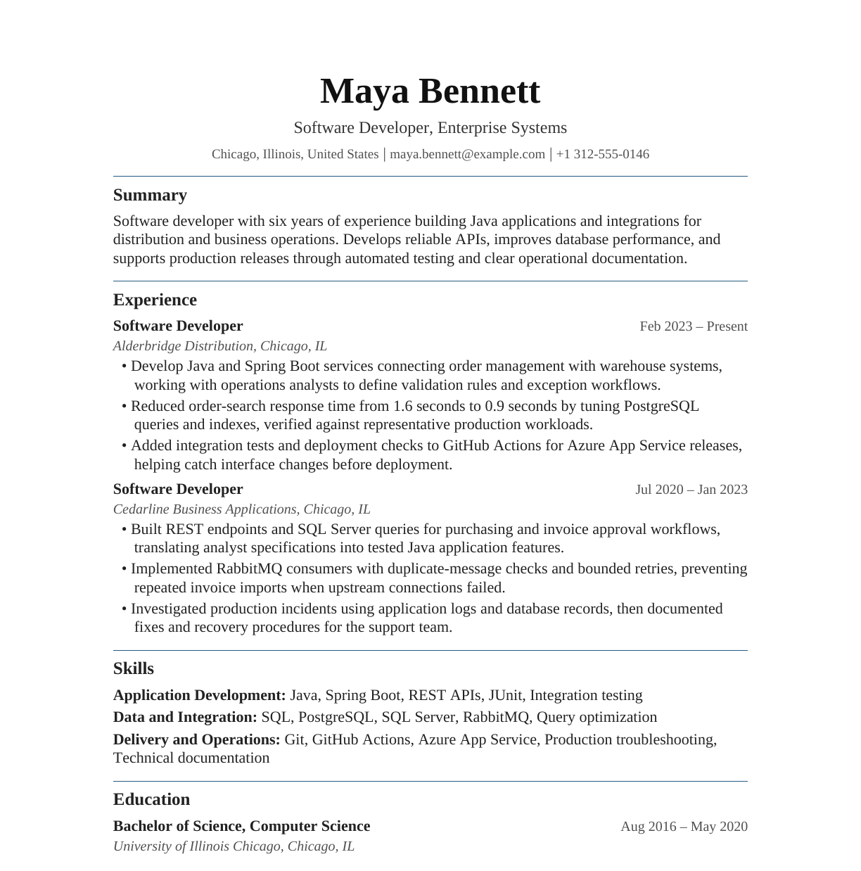 Software Developer — Enterprise Systems resume example