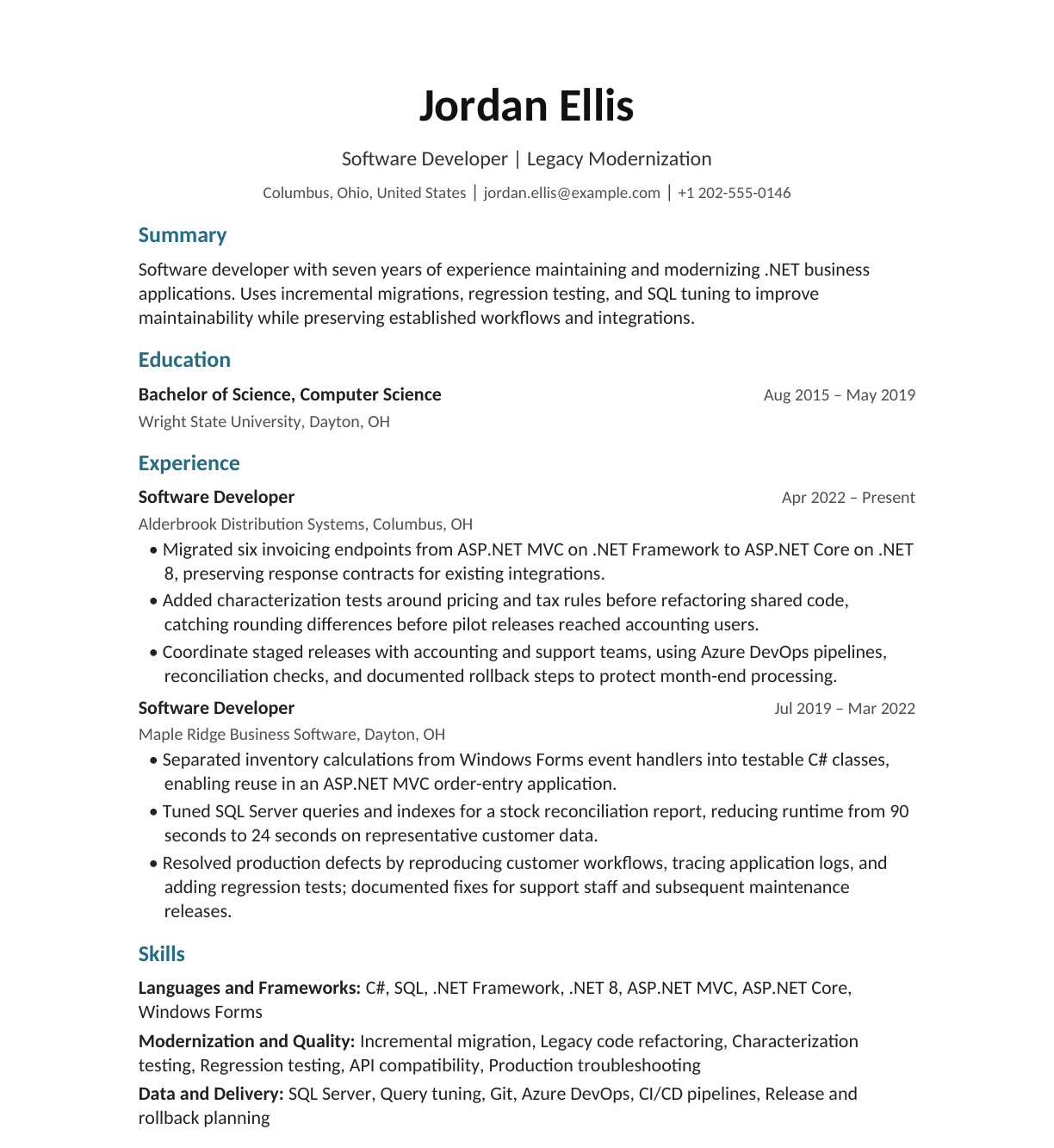 Software Developer — Legacy Modernization resume example