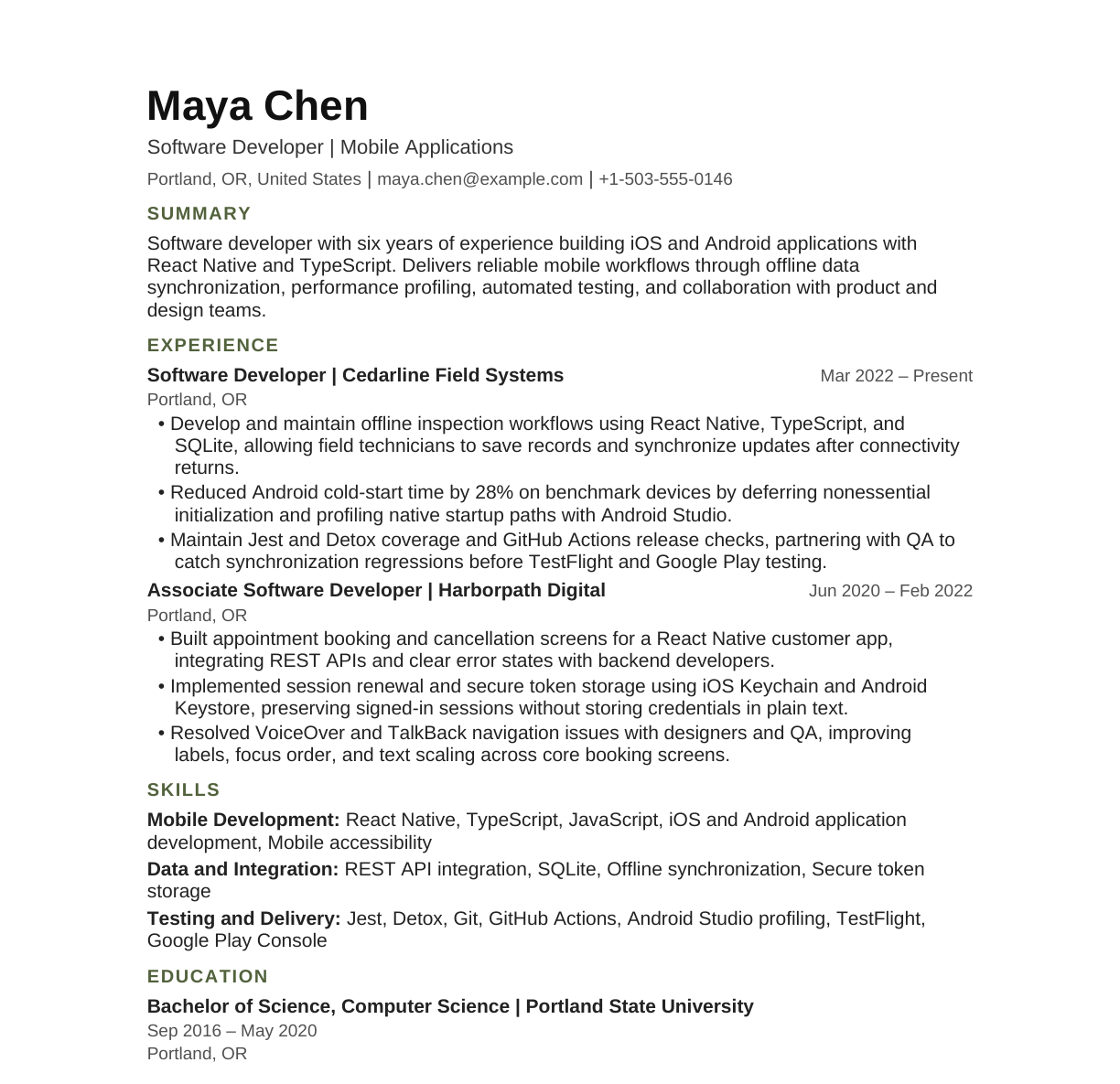 Software Developer — Mobile Applications resume example