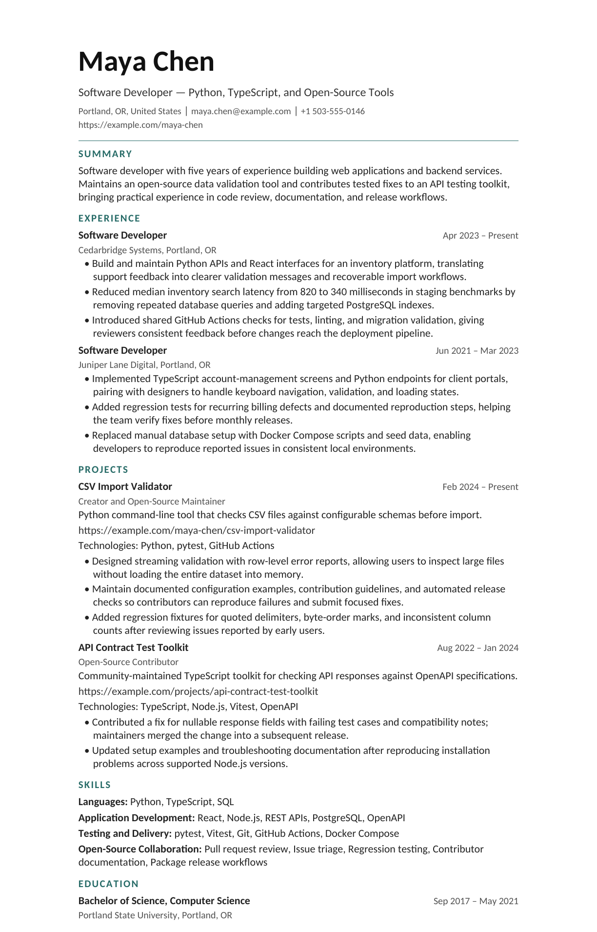 Software Developer — Open-Source Projects resume example