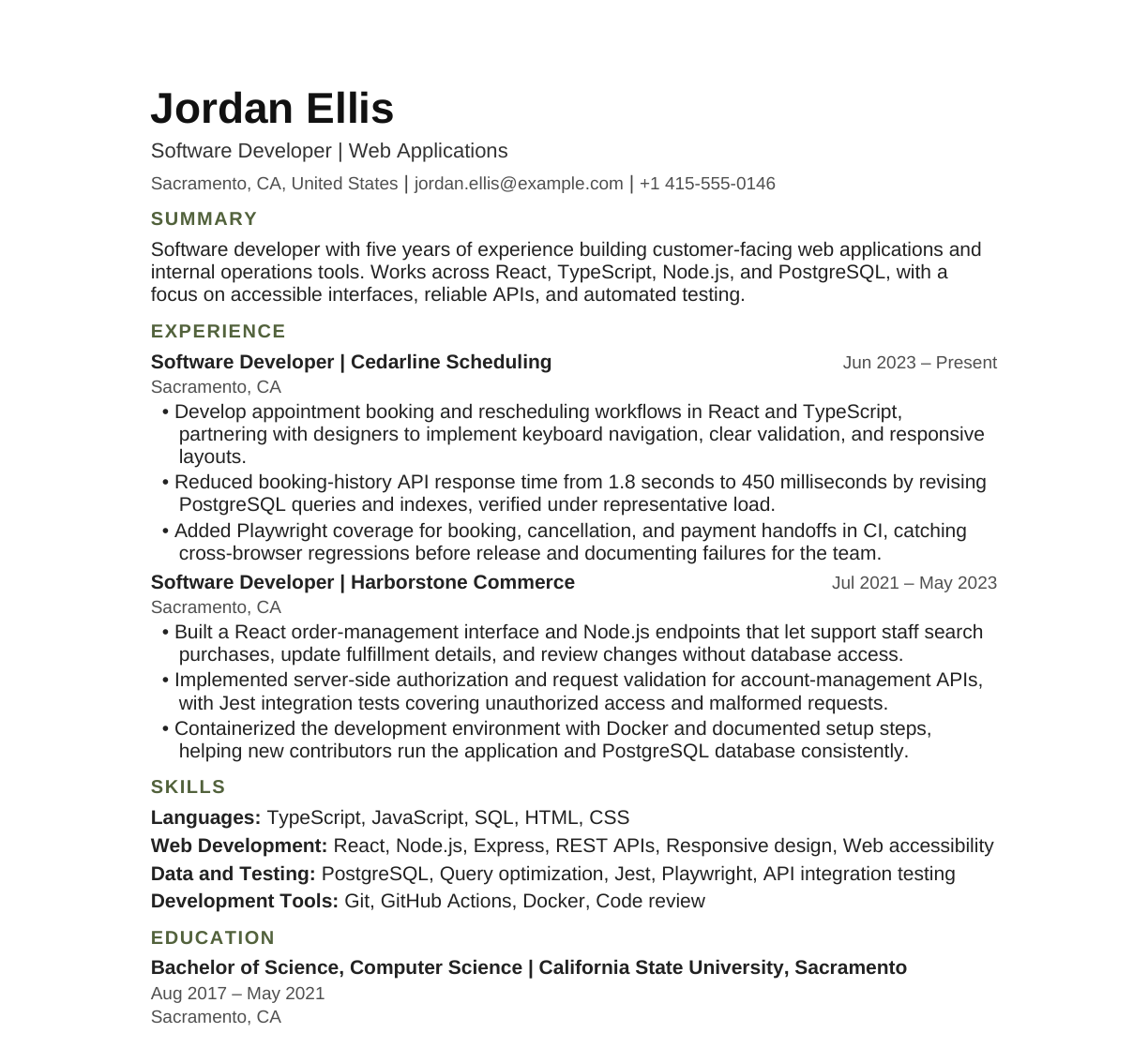Software Developer — Web Applications resume example