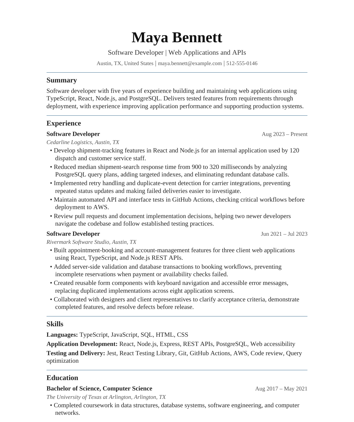Software Developer resume example