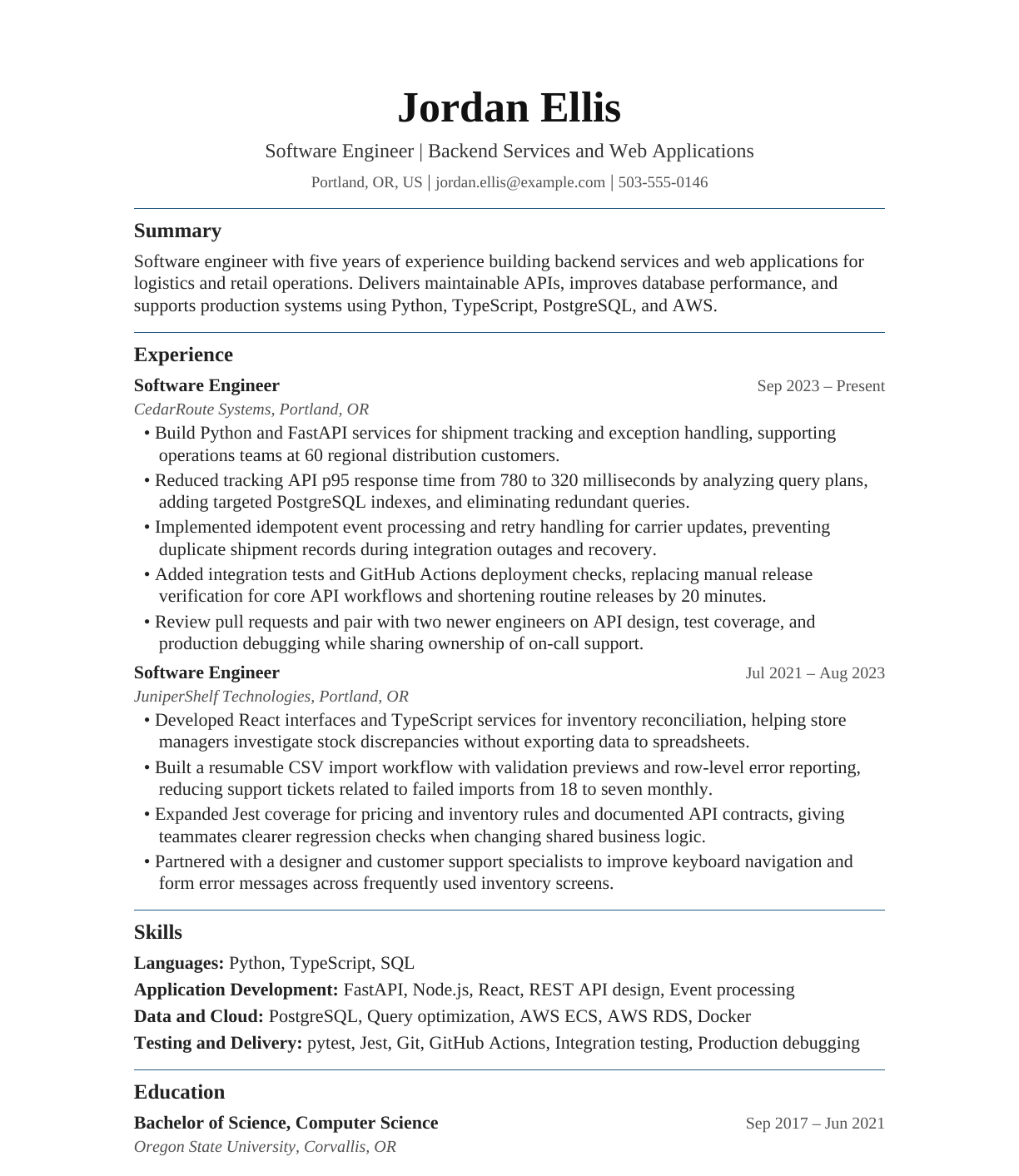 Software Engineer resume example