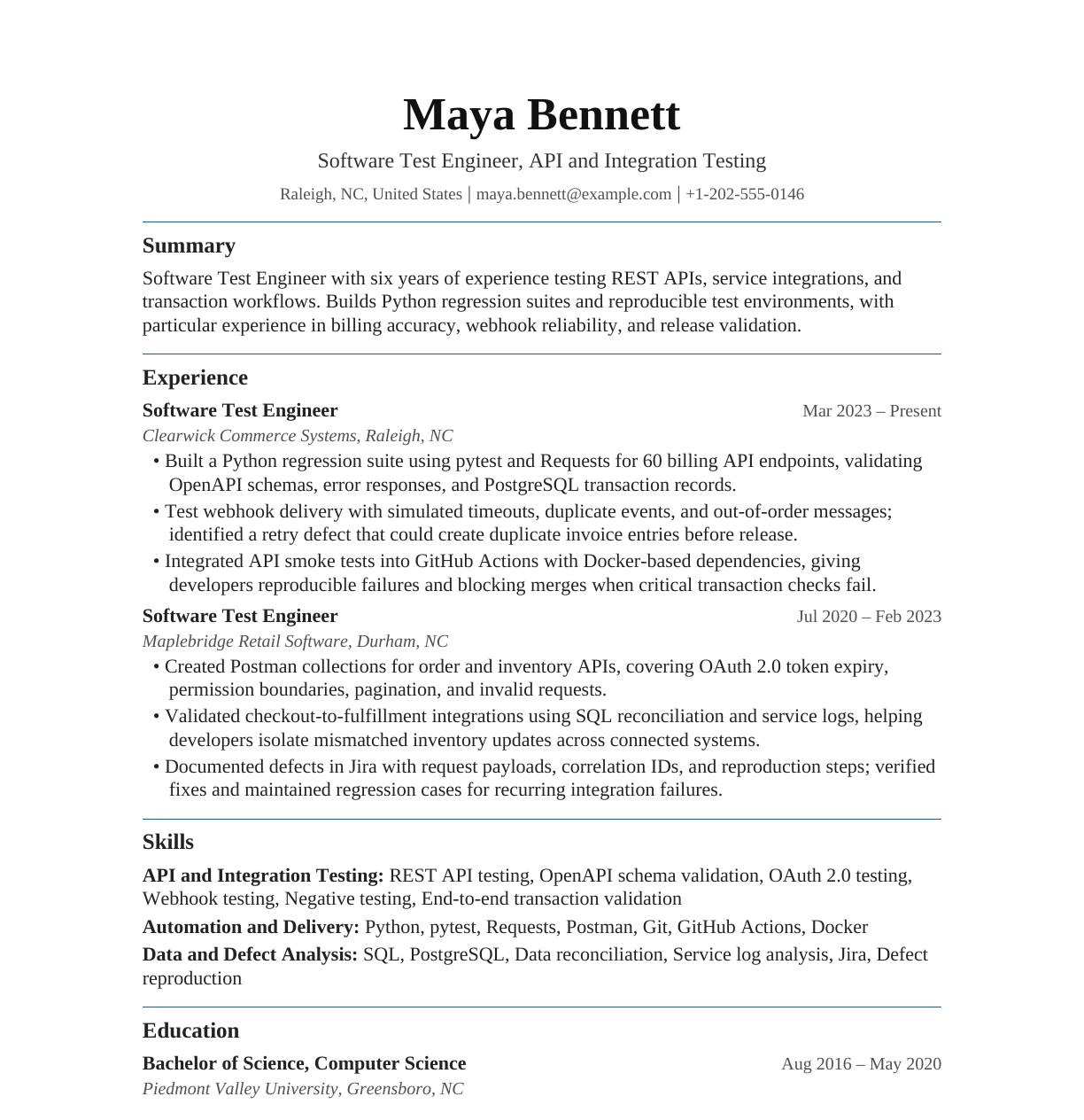 Software Test Engineer — API and Integration Testing resume example