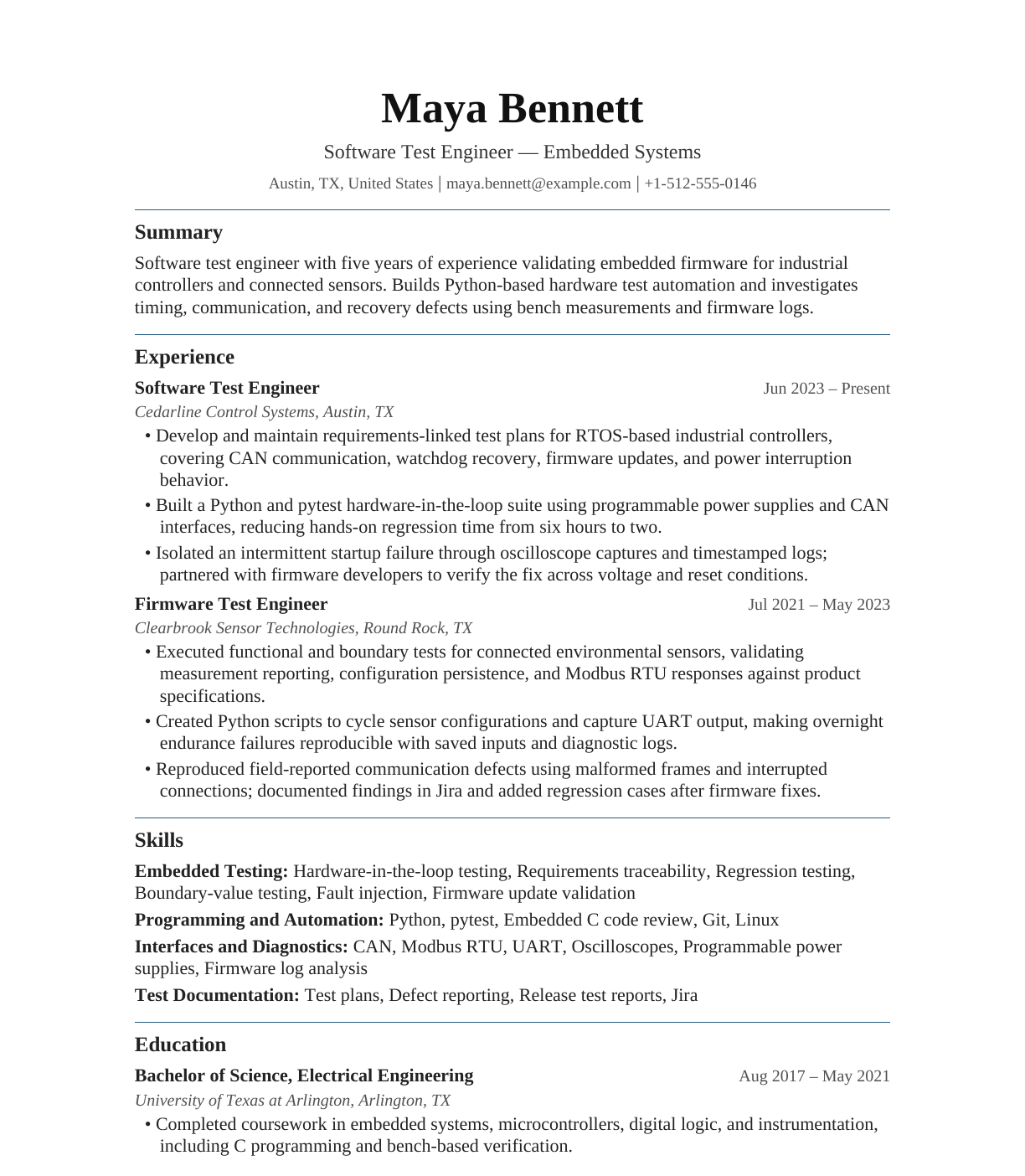 Software Test Engineer — Embedded Systems resume example