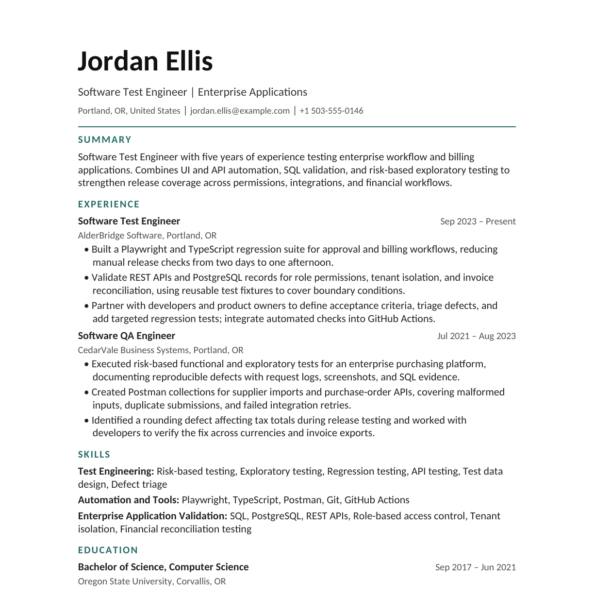 Software Test Engineer — Enterprise Software resume example