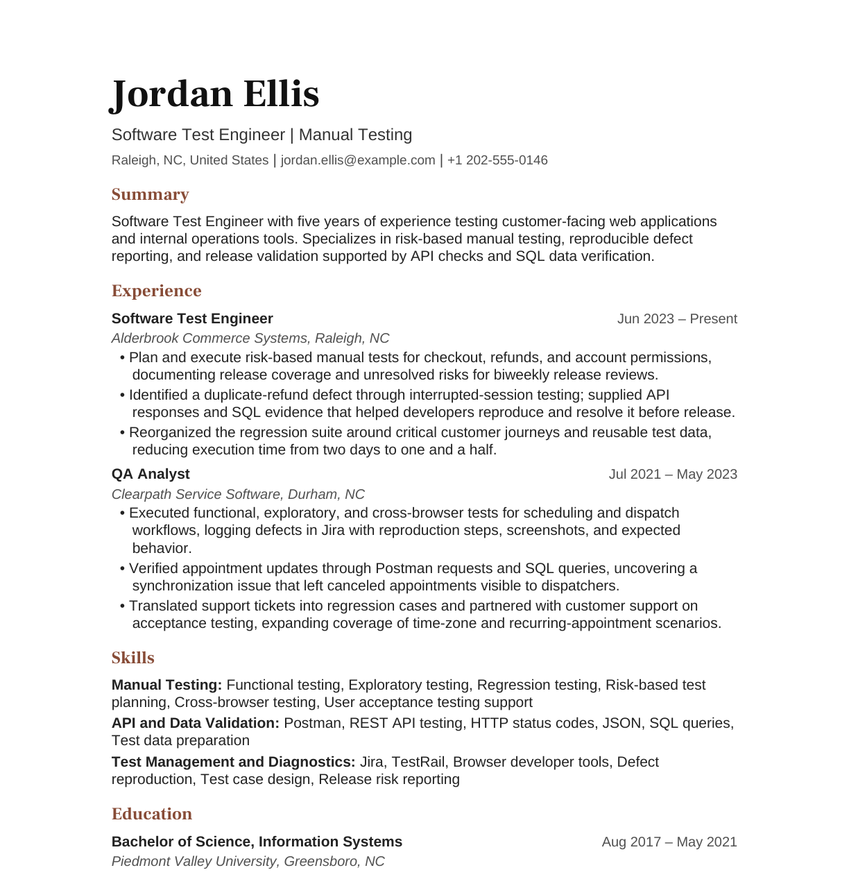 Software Test Engineer — Manual Testing resume example
