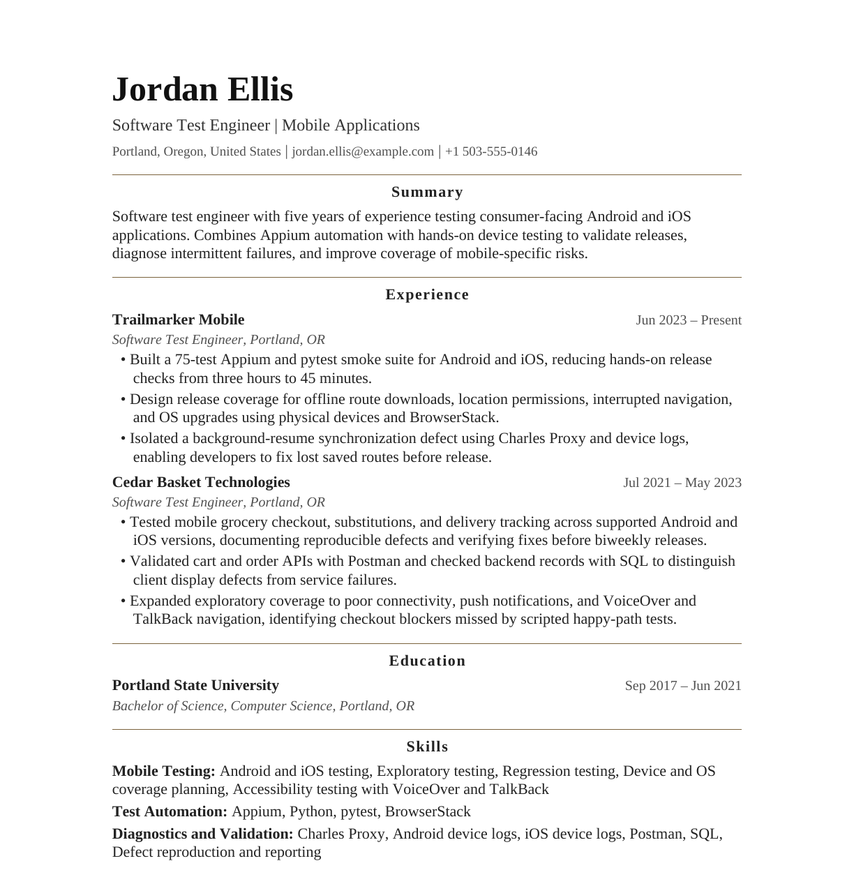 Software Test Engineer — Mobile Applications resume example