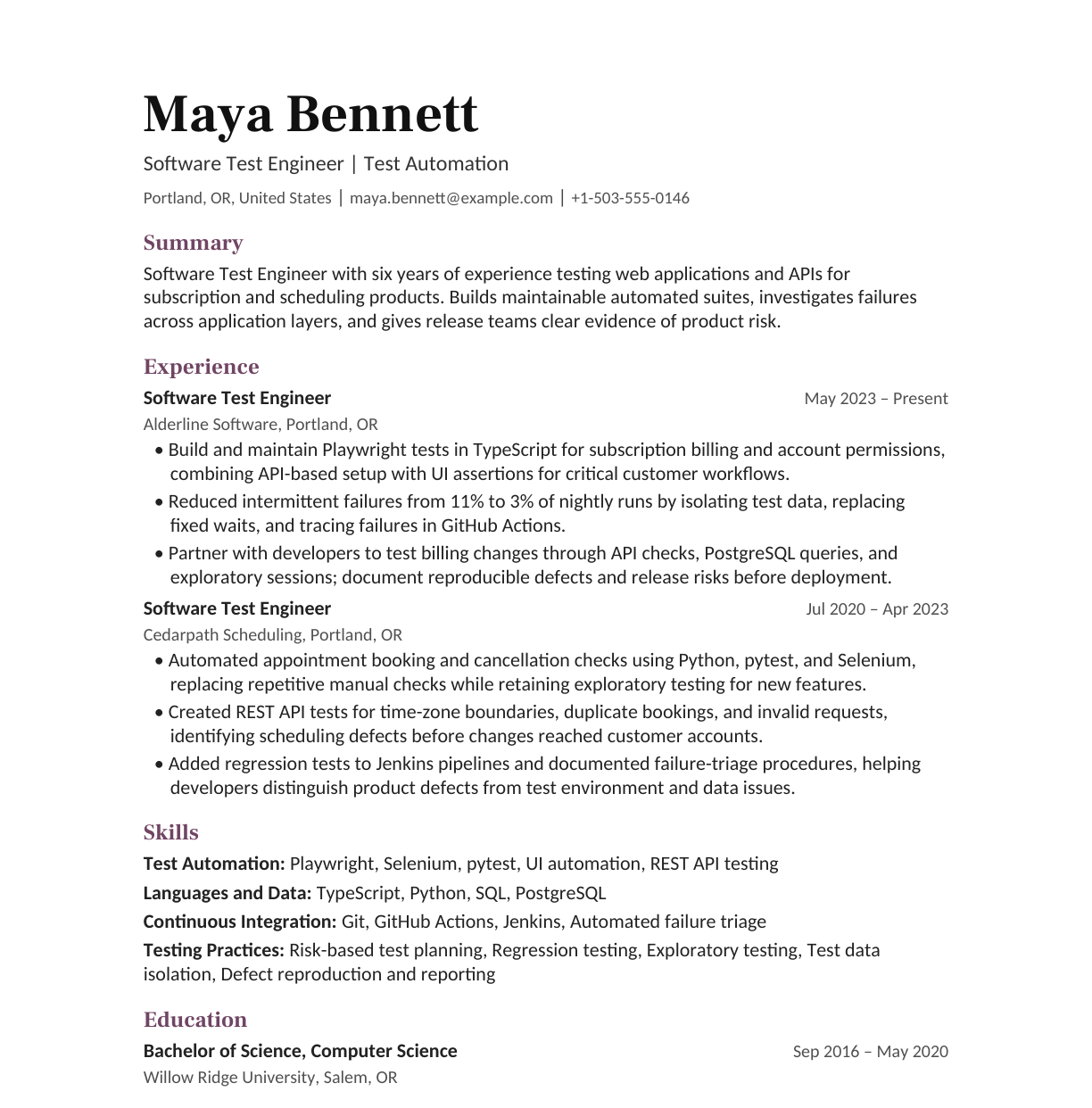 Software Test Engineer — Test Automation resume example