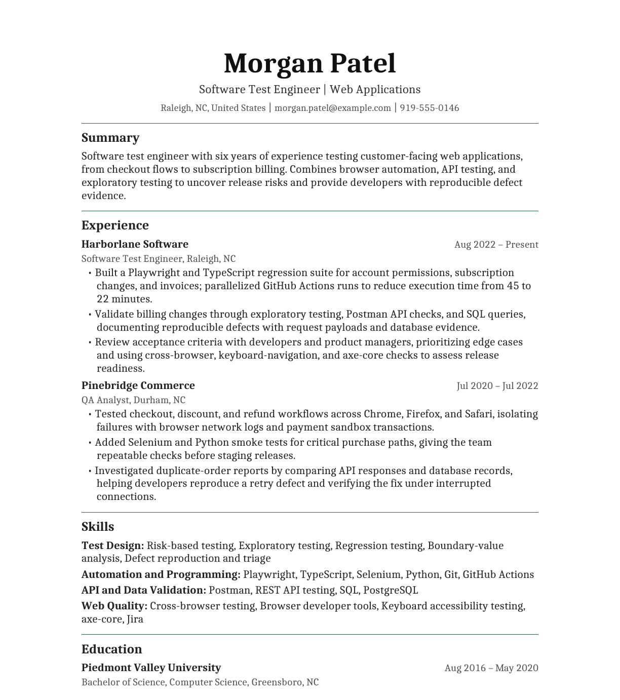 Software Test Engineer — Web Applications resume example