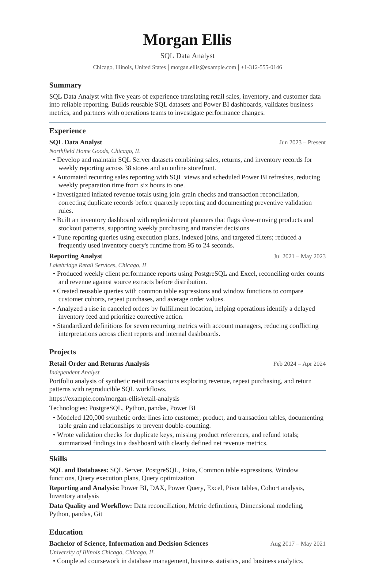 SQL Data Analyst resume example