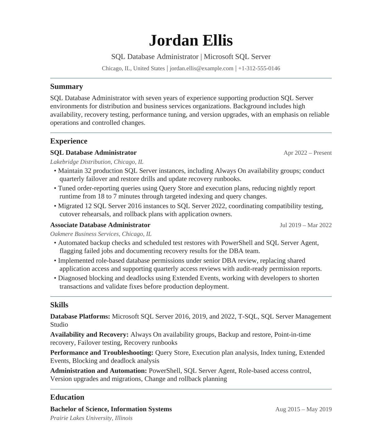 SQL Database Administrator resume example