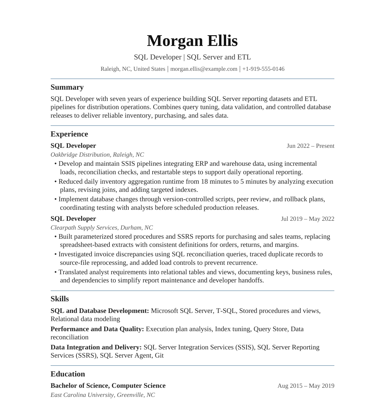 SQL Developer resume example