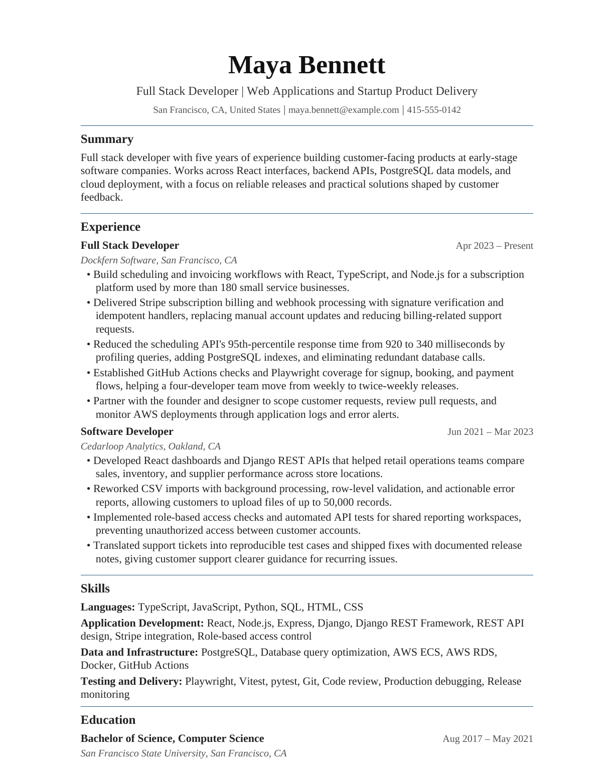 Startup Full Stack Developer resume example