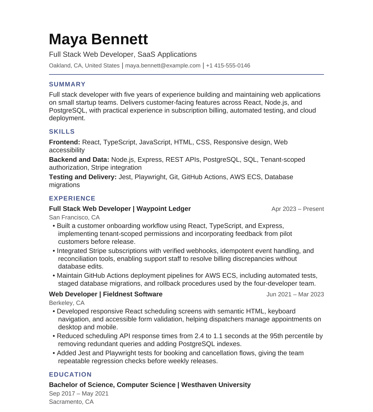 Startup Full Stack Web Developer resume example