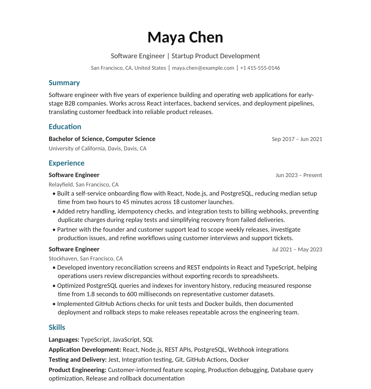 Startup Software Engineer resume example