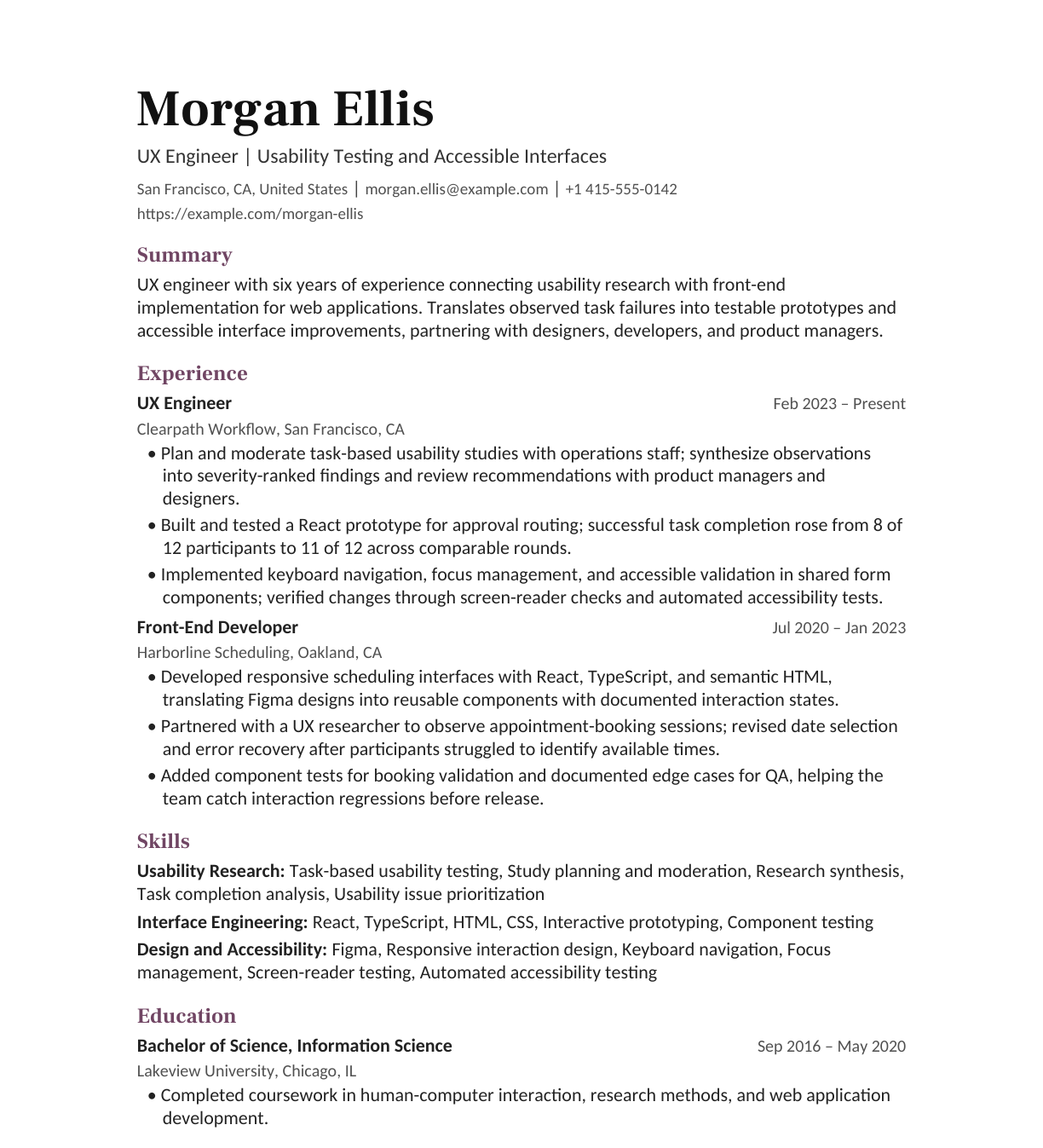 Usability Testing UX Engineer resume example