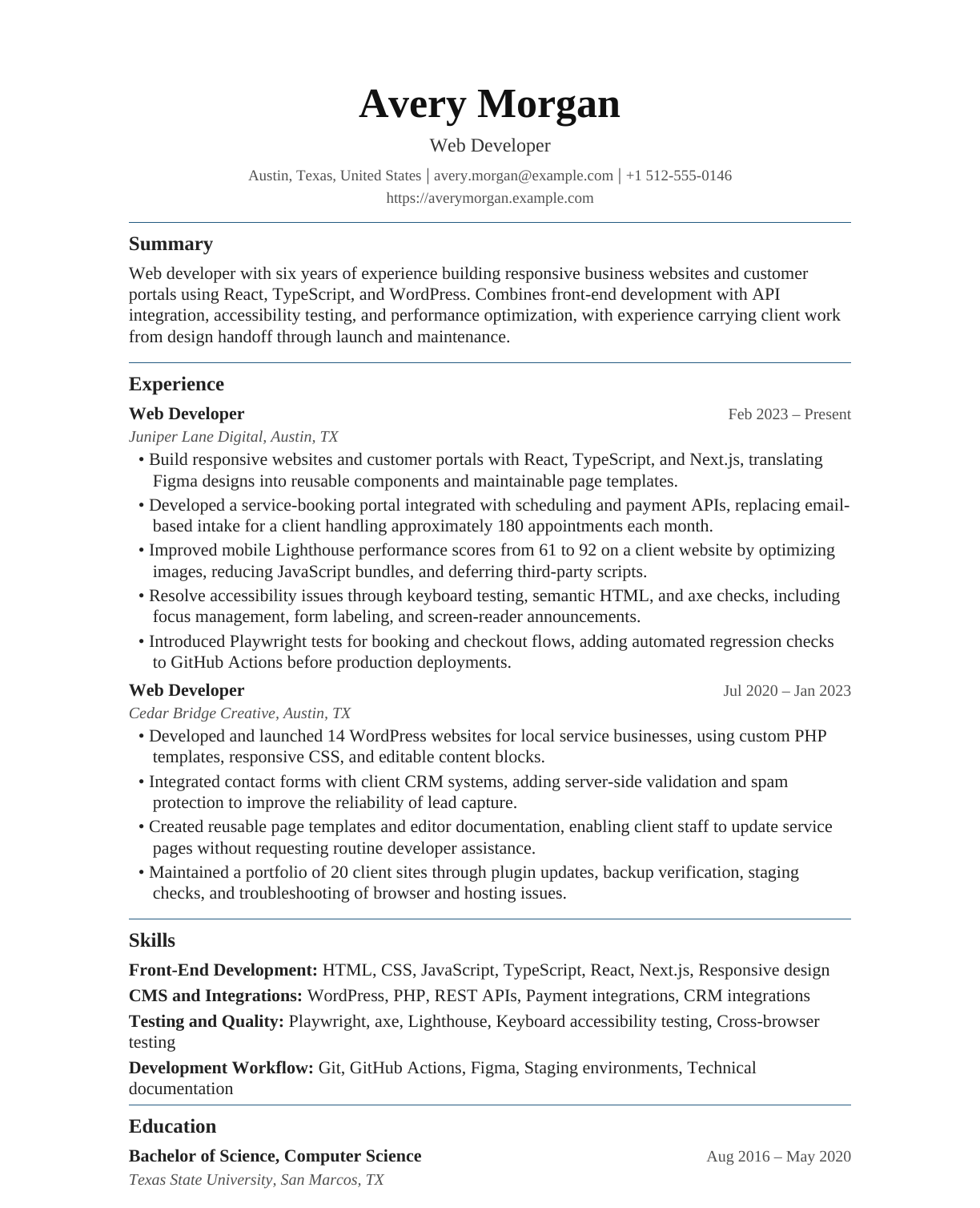 Web Developer resume example