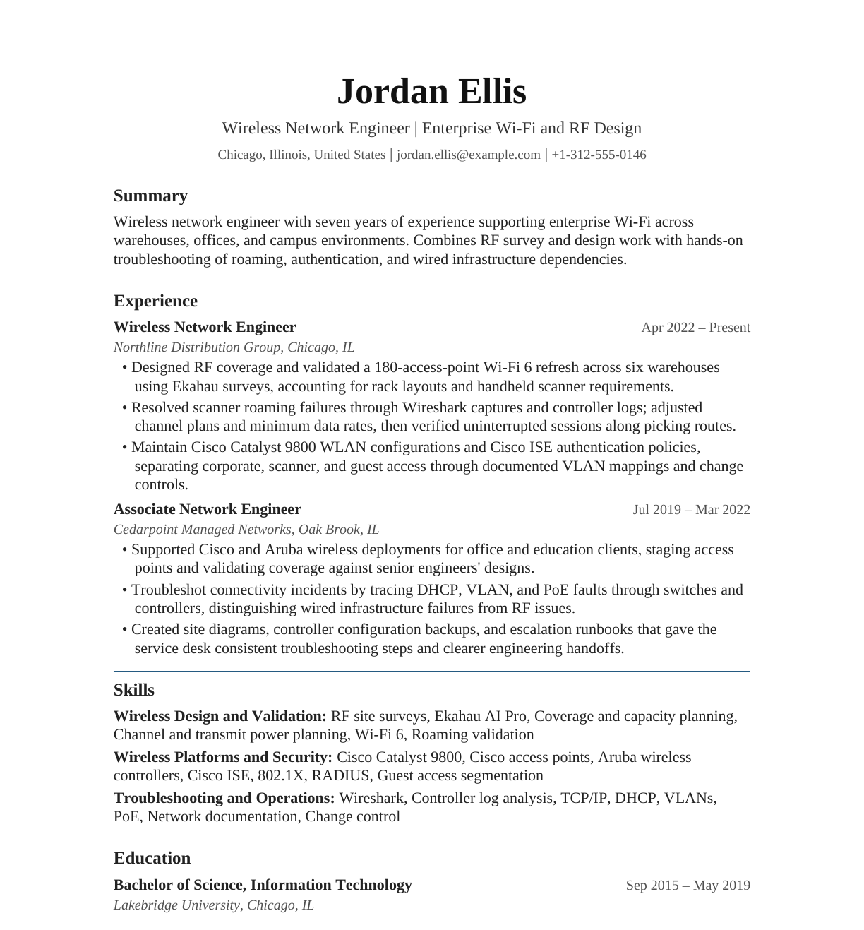 Wireless Network Engineer resume example